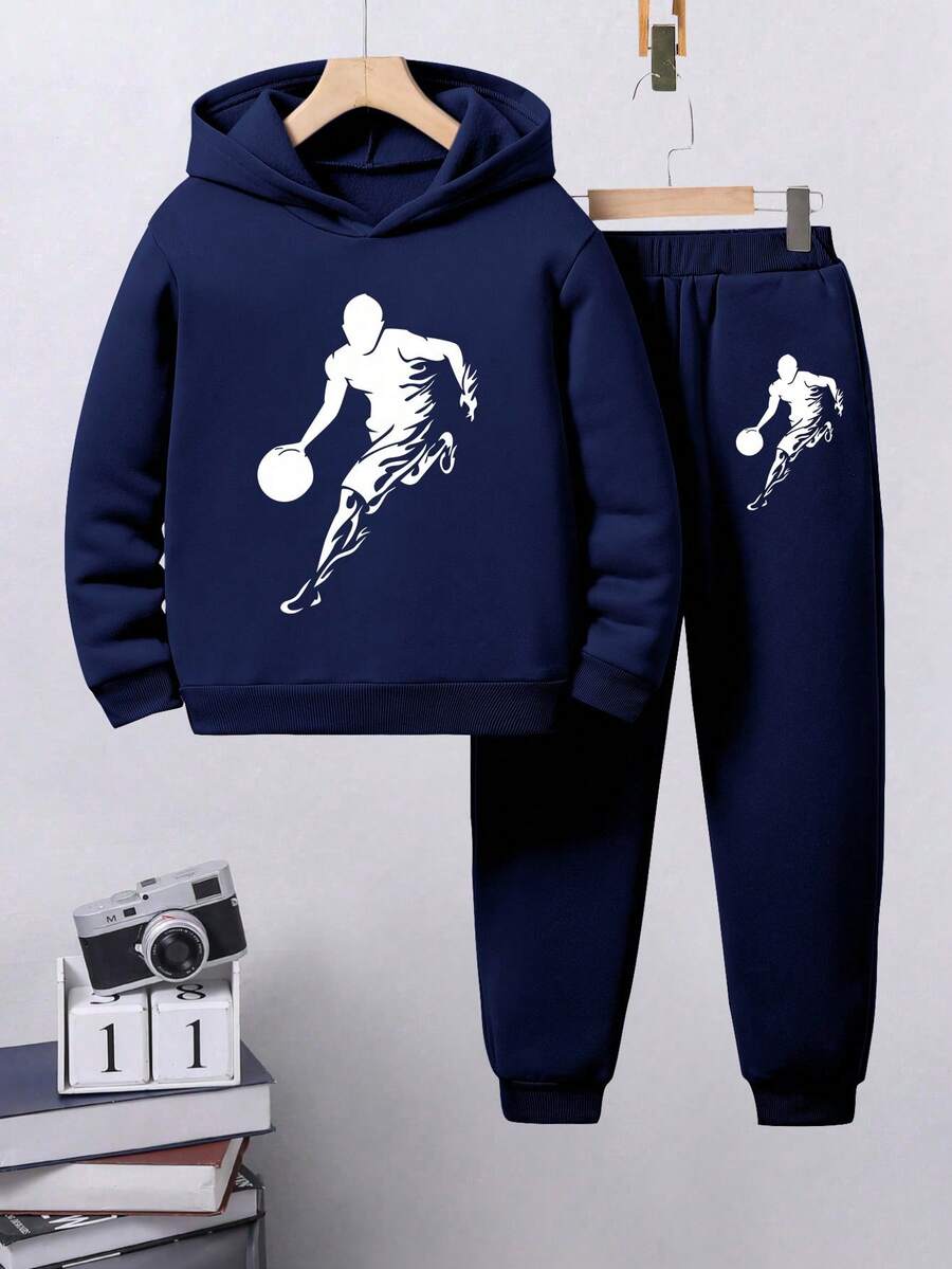 青少年男童卡通印花保暖连帽衫和运动裤套装 - 寶藍色 - 查看 1