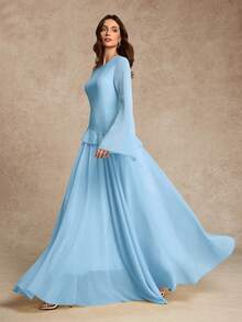 Women's Elegant Ruffle Trim Tie-Waist Flare Sleeve Dress, Spring/Summer - Baby Blue - View 5