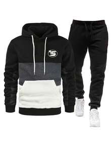 2025 New Men's Two-Piece Suit, Three-Color Block Splicing Digital Printing Design Hoodie Paired With Solid Color Casual Sports Long Pants Set; Men's Long Sleeve Long Pants Fashion Warm Outfits, Regular Fit High-Quality Soft And Comfortable Fabric, Best Holiday Outfit, Father's Day, Halloween, Christmas. ...