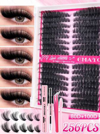 256/160PCS D Curl Individual Lash Clusters Fluffy 80D+100D Cat Eye Left RiPaired Single Cluster DIY Cluster Lashes Extra Thick&Natural Look&Dense&Loasting&Waterproof Reusable False Eyelash Extension Kit For Beginner Use At Home&Daily Life&Party&Travel&Music Festival