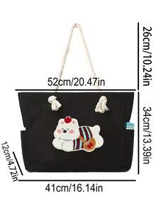 黑色帆布手提包，大容量单肩包，手提包，条纹衣服上的白色小狗装饰，耐用可重复使用的购物袋，手提包，野餐包，游泳包，适合日常使用，旅行，度假，通勤，上学，工作，旅行收纳，度假收纳袋，日常必需品，完美的节日礼物 - 黑色 - 查看 10