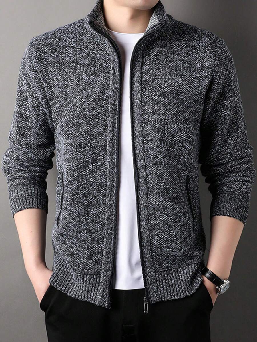 青少年秋冬罗纹袖口和下摆纹理拉链前襟经典侧袋户外休闲百搭立领毛衣夹克 - 深灰色 - 查看 1