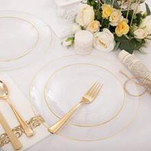 350PCS Clear And Gold Plastic Dinnerware Set, Plastic Plates For Party Include Disposable Plates, Gold Plastic Silverware Heavy Duty, Cups And Napkins Disposable To 50 Guest For Party, Wedding, Birthday - Vàng trong suốt - Xem 3