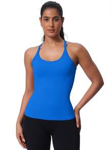 Workout Tank Tops For Women Built In Shelf Bras Padded -Racerback Athletic Tank Tops Ribbed Yoga Shirts - Klein Blue - View 1