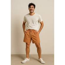 Shorts Linho Masculino Bermuda Leve Praia Verão Com Elástico - Terracota - Visão 1
