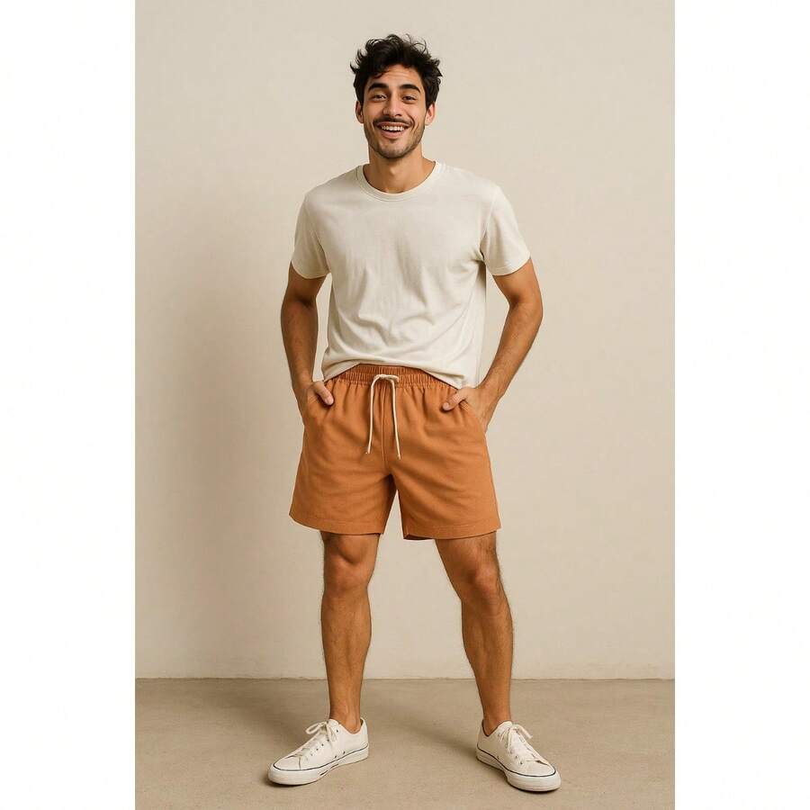 Shorts Linho Masculino Bermuda Leve Praia Verão Com Elástico - Terracota - Visão 1