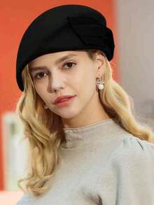 HIMESPORT Autumn/Winter Fashion Elegant Women's Lady Wool Felt Beret Hat With Bowknot For Wedding Formal Church Tea Party Cocktail British Banquet Celebrity Fascinator Hats