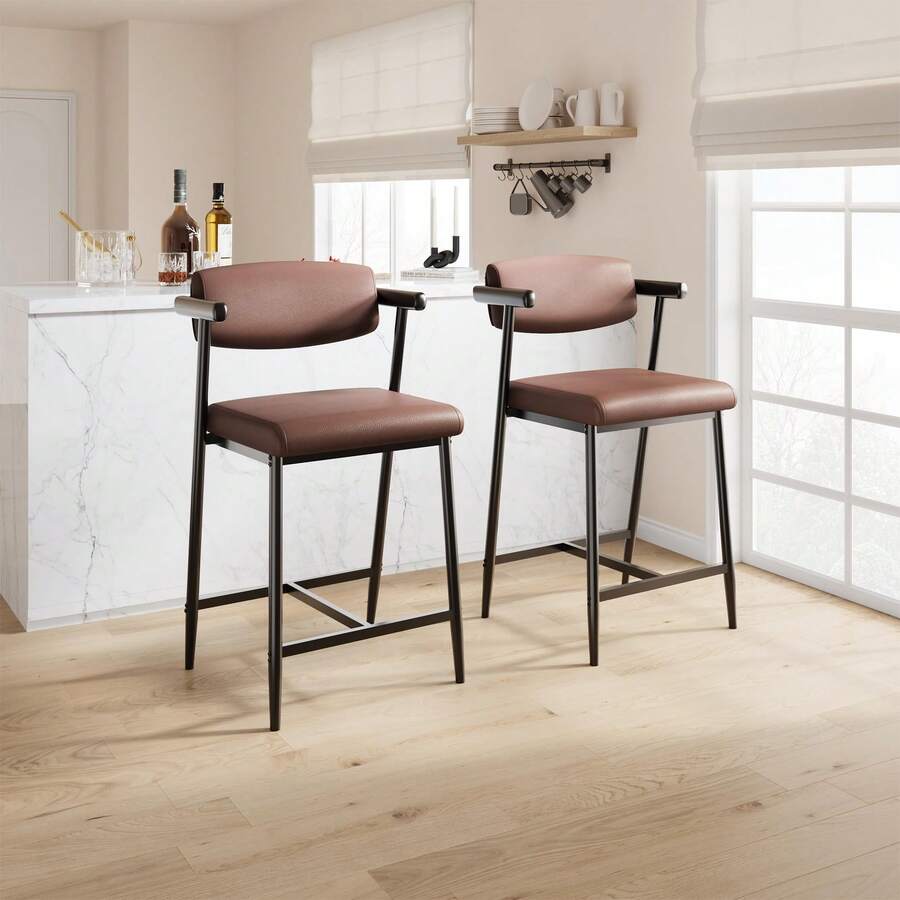 Techigher Bar Stools Set Of 2, Kitchen Breakfast Bar Chairs With Upholstered Backrest & Footrest, Counter Height Barstools Set With Arms, Modern Kitchen Island Stool, For Kitchen Counter Apartment Pub - Brown - View 1