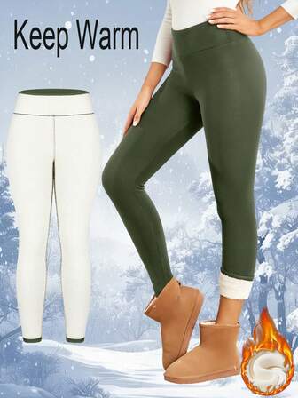 Women's Thermal Lined Thermal Leggings For Outdoor Sports, Opaque, Knitted Fabric, Machine Washable Polyester Blend, Super Stretchy & Comfortable Workout Tights,Fleece,Winter