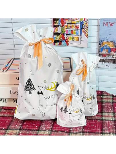50pcs White Christmas Gift Bags With Ribbons - Reindeer Theme Drawstring Candy & Cookie Bags, Suitable For Holiday Parties, 3 Sizes (13.58x9.06 Inches, 9.25x5.79 Inches, 6.69x4.72 Inches)