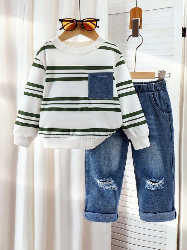 2 Peças Conjunto de Moletom de Manga Longa Listrado e Calça Denim Longa Casual para Menino, Primavera/Outono
