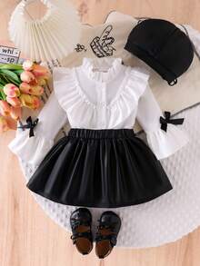 3 Stücke Baby Mädchen Mode Elegantes Set, Weißes Spitzenkragen Rüschenärmel Lässig Bluse und Kunstleder Rock mit Hut