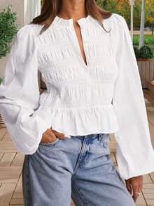 Women's Fall Button Down Blouses Casual Stylish Solid Shirred Ruffled Trim Bubble Long Sleeve Tops - 白色 - 查看 3