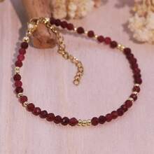 Pulseira de olho de tigre facetada de 3 mm - Natural, estilo boho vintage com corrente dourada, perfeita para uso diário ou presente, joia versátil para todas as estações | Estilo boho vintage | Pulseira de pedra natural - Borgonha - Ver 2