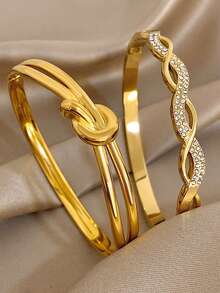 18K镀金不锈钢优雅锆石扭纹手链套装，适合女性佩戴，可作为母亲节礼物、圣诞节、感恩节、万圣节、奢华婚礼珠宝礼物、周年纪念日、情人节礼物、波西米亚风珠宝，也可日常佩戴。 - 彩色 - 查看 1