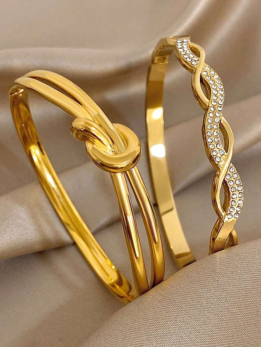 18K镀金不锈钢优雅锆石扭纹手链套装，适合女性佩戴，可作为母亲节礼物、圣诞节、感恩节、万圣节、奢华婚礼珠宝礼物、周年纪念日、情人节礼物、波西米亚风珠宝，也可日常佩戴。 - 彩色 - 查看 1