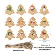48 etiquetas, 50 piezas de cordel, 4 diseños diferentes, accesorios de decoración navideña, etiquetas de papel kraft grueso, adornos para el árbol de Navidad, etiquetas de regalo, cajas de regalo, tarjetas de accesorios, con cuerda, suministros para fiestas navideñas, regalos de Navidad