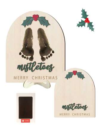 2pcs/1set-19cm Babys First DIY Christmas Footprint Art Wooden Mistletoe Milestone Card Vintage Christmas Ornament Nursery Footprint Decoration Suitable For Baby Baptism, Newborn Photography Props, Room Decor Baby Baptism Newborn Photography Props (Classic Edition)