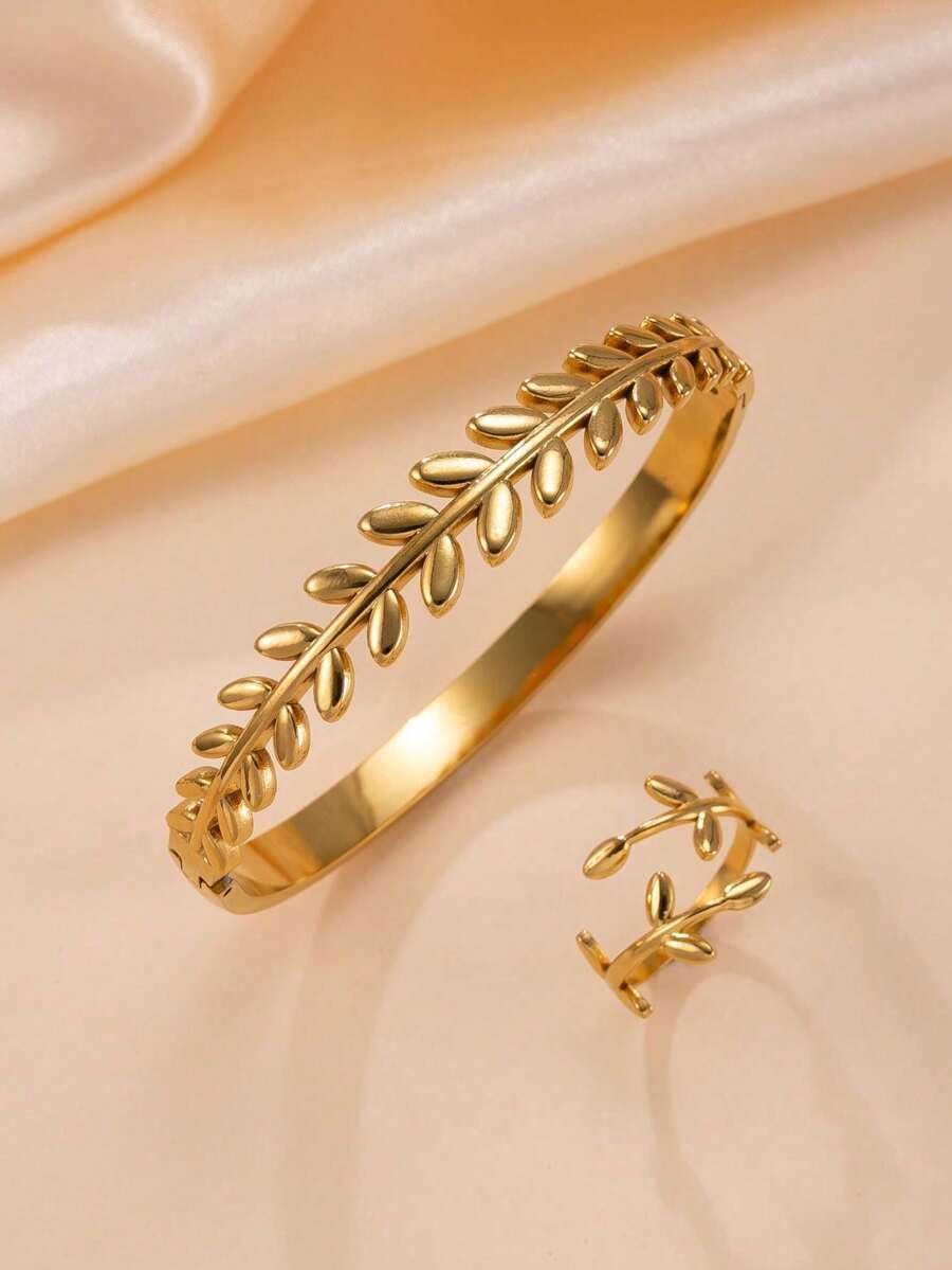 2pcs Minimalist Geometric Leaf 18K Gold Plated Stainless Steel Bracelet & Ring Jewelry Set, Suitable For Teenage Girls Daily Wear