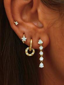 rundraw 4pcs 2026 New Elegant Luxury Star Water Drop Hoop Geometric Copper Gold Earrings Set, Suitable For Women's Daily, Date, Party, Ball, Vacation, Matching Daily Outfit Accessories, Best Gift For New Year, Valentine's Day, Eid - Gold - View 1