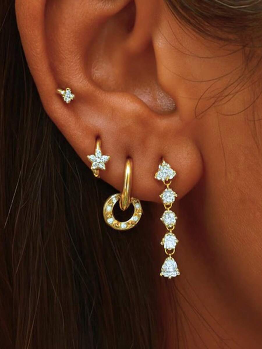 rundraw 4pcs 2026 New Elegant Luxury Star Water Drop Hoop Geometric Copper Gold Earrings Set, Suitable For Women's Daily, Date, Party, Ball, Vacation, Matching Daily Outfit Accessories, Best Gift For New Year, Valentine's Day, Eid - Gold - View 1