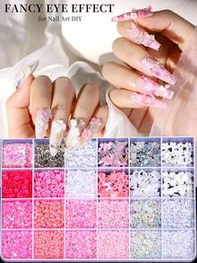 24 Grid Nail Charms, Nail Art Kit With Multi Shapes Nail Charms And Gems, Flatback AB Nail Rhinestones, Colorful 3D Hawaii Flowers Nail Jewels Clear White Pink Gold Pearls Flatback Resin Jelly Rhinestones And Gems For DIY Nail Design Crafts Make Up