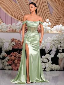 ADYCE 露肩镂空正式礼服，镶钻高腰长款喇叭露背挂脖连衣裙，配系带腰带，适合派对、宴会、庆典等场合。 - 綠色 - 查看 7