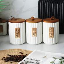 密封陶瓷儲物罐配木蓋 - 圓形、可洗碗機、可重複使用容器，適用於糖、咖啡、茶和香料 - 現代檯面裝飾，廚房儲物解決方案 | 現代廚房用品 | 木蓋設計，廚房儲物 - 彩色 - 查看 2