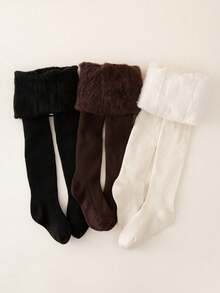 3/1 Pack Girls Tights/Leggings, Solid Color, Minimalist, Comfortable, Warm, Thermal Lined, Classic Vertical Stripe Design, Suitable For Birthday Party, Holiday Gift, Back To School, Travel, Outdoor Sports, Daily Wear, Random Color & Style