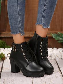 [Runs Small] Women's Ankle Boots And Ankle Boots Autumn/Winter New Double Buckle High Heel Chunky Heel Lace-Up Boots Comfortable Boots Work Boots Thick Sole Boots - Black - View 8