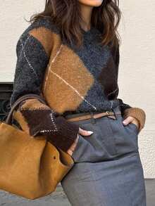 Live To Mo 女士菱形图案长袖毛衣，休闲商务风，简约设计，日常穿搭必备，春/冬季款 - 灰色 - 查看 8