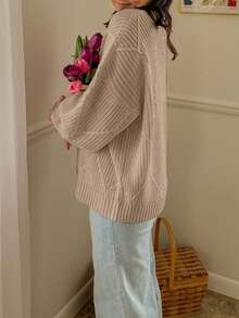 女士宽松纯色长袖粗针织毛衣，圆领厚实保暖秋冬可爱套头毛衣，适合日常休闲穿着，秋季、冬季 - 卡其色 - 查看 4