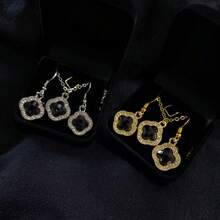 Four Leaf Clover Necklace And Earrings Set + Pink Box Lucky Pendant Shiny Rhinestone Cute Elegant Gift - 銀色 - 查看 3