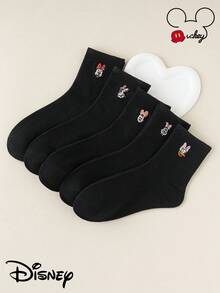 1/5/10双刺绣卡通图案中筒袜套装，米老鼠，米妮，雏菊，卡通人物袜子，，女士袜子，白色袜子，黑色袜子，女士袜子，宽松袜子，长筒袜，隐形袜，情侣袜，周穿袜， - 彩色 - 查看 4