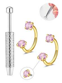 18G 2pcs Horseshoe Nose Studs, Incl. 1pc Taper Cone Ball Nose Stud, Stainless Steel Cubic Zirconia Nose Rings In White & Pink, Heart & Star Cubic Zirconia Lip/Eyebrow/Ear Studs, Unisex Gift