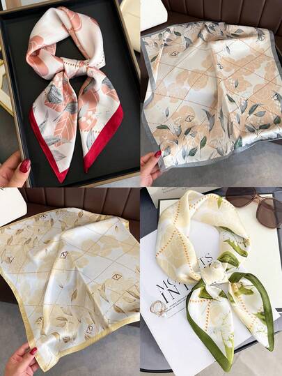 1 pieza Pañuelo de mujer de seda sintética con estampado de rosa floral, versátil y adecuado para actuaciones, viajes, fotografía, actividades al aire libre, uso diario, un accesorio elegante para atuendos femeninos