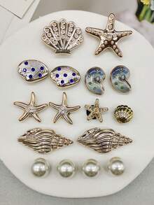 16pcs ABS Resin Gold Cute Nautical Ocean Starfish Shoe Charms, Shiny Rhinestone Seashell Shoe Clips Decorations, Detachable Faux Pearl Shell Shoe Accessories, Multi-Functional Shoe Clips For Women Sandals, Slippers, Beach Bags, Suitable For Christmas, Halloween, Valentine's Day, Birthday, Holiday Party Gifts (Shoes Not Included)