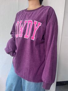 Áo nỉ dài tay cổ tròn màu tím nhung kẻ dành cho nữ cỡ lớn, in chữ "Howdy", kiểu dáng thường ngày. - Màu tím - Xem 4
