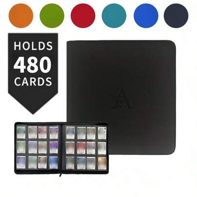 12-Pocket Zipper Trading Card Album, 480 Double-Sided PU Material Card Holder, Collector's Album, Trading Card Games, Sports Cards (6 Colors)