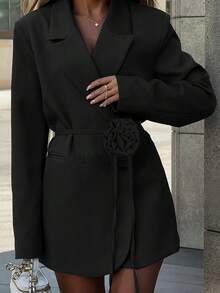 Sacou damă cu imprimeu floral 3D în culori uni, cu buzunar dublu, ținută de birou și casual, toamnă/primăvară - Negru - Vizualizare 3