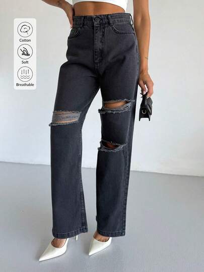 Damen hohe Taille Knie Laser Destroyed Weite Hose, einfarbige Hosentaschen mit Reißverschluss