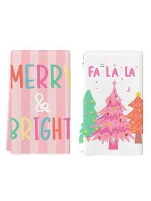 2 Pcs Christmas Colorful Christmas Tree Pattern Kitchen Towels Pink Vertical Striped Dish Towels Can Be Used In Kitchen Hand Towels Tea Towels Suitable For Holiday Party Kitchen Home Indoor Dish Drying