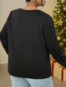 Customizable Name Christmas Reindeer Pattern Women Long Sleeve Pajama Top, Personalized Christmas Gift Sleepwear - Black - View 4