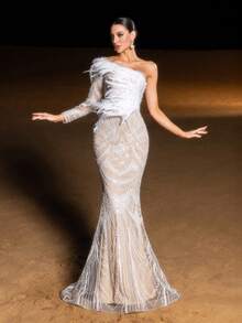 Faeriesty Glamour Luxury One-Shoulder Mermaid Evening Gown With Sequin, Sequins Accents – Geometric Patterns, Slim-Fit Fish-Tail Silhouette For Weddings, Red-Carpet Events, Evening Galas & Luxurious Dinners - Apricot - View 5