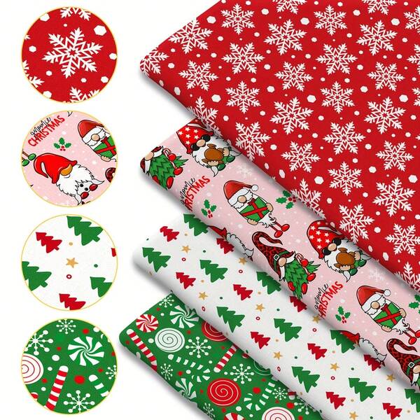 1pc Christmas Series Printed Quilted Fabric, 57x19.68 Inches (145x50 Cm) Polyester Pre-Cut For DIY Patchwork Handcraft, Red, Green And Pink Christmas Elves, Candy Canes, Christmas Trees, Snowflake Prints, Suitable For DIY Sewing, Patchwork, Scrapbooking, Tablecloths And Crafts