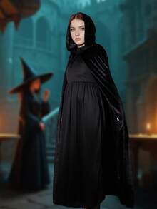 1 pieza Capa con capucha de unicolor y terciopelo, adecuada para cosplay, bruja, atuendo misterioso, Halloween, todas las estaciones