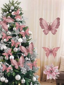 2 pièces Ornements de papillon de sapin de Noël pailletés, décorations de Noël en tissu rose en forme de papillon, papillons 3D creux simulés avec pinces, décoration murale de papillon pastel de Noël pour sapin de Noël, couronne, accessoire pour cheveux, décorations suspendues pour sapin de Noël, décoration de guirlande, convient pour mariage, fête, artisanat DIY, décoration de la maison, accessoires de photographie