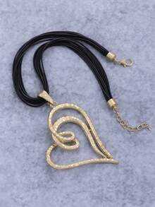 1Pc Asymmetrical Matte Gold Heart Pendant With Black Cord, Minimalist Style, For Daily Wear & Casual Outfits