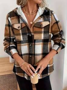 Plus Size Women's Casual Plaid Thermal Lined Hooded Regular Jacket, Brushed Plaid Thermal Lined Hoodie Jacket, Hooded Shirt - Khaki - View 5