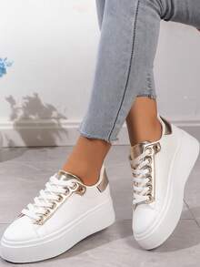 Women's Solid Color Thick Sole Preppy Style Casual Sneakers, Spring/Summer, With Detachable Shoelace Buckle Perfume Bottle Decor - LA279 GOLD - View 2